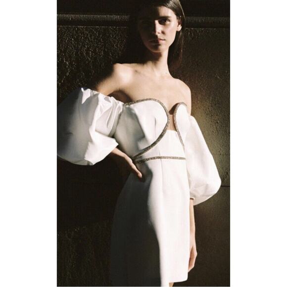 Self-Portrait Bonded Crepe Puff Sleeve Crystal Embellished White Mini Dress Sz 2 - Picture 4 of 13